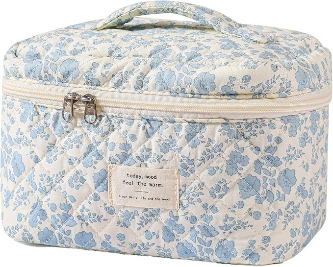 Large Travel Quilted Makeup Bag for Women, Floral Cotton Cosmetic Bag, Coquette Aesthetic Floral ... | Amazon (US)