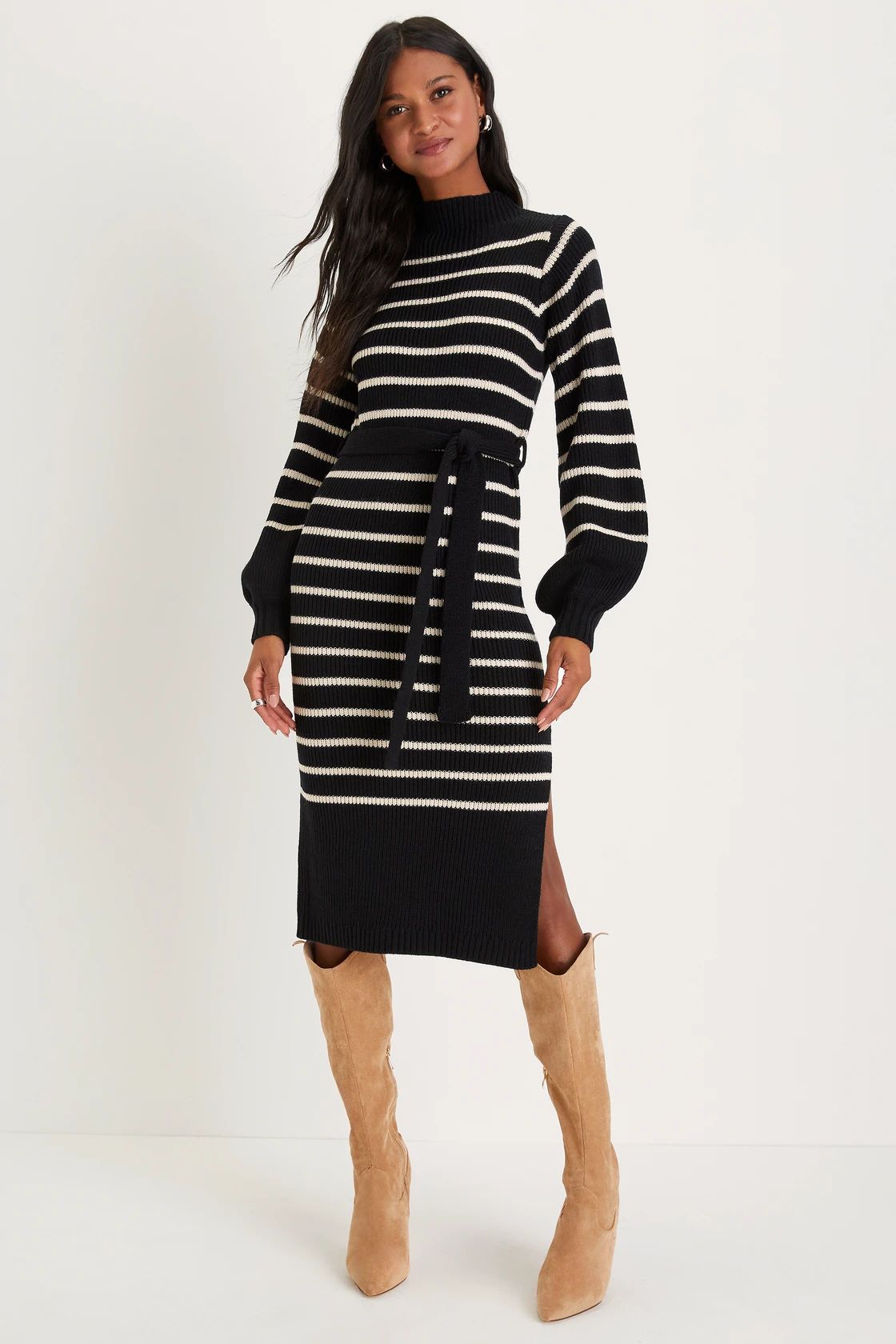 Stripe Things Up Black Striped Mock Neck Bodycon Sweater Dress | Lulus