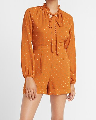 Ladygang Polka Dot Tie Neck Long Sleeve Romper | Express