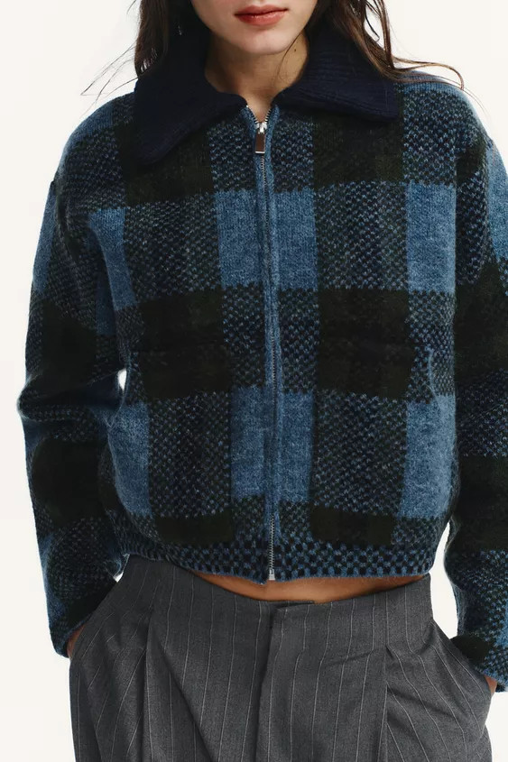 CHECKED KNIT BOMBER JACKET | Zara UK