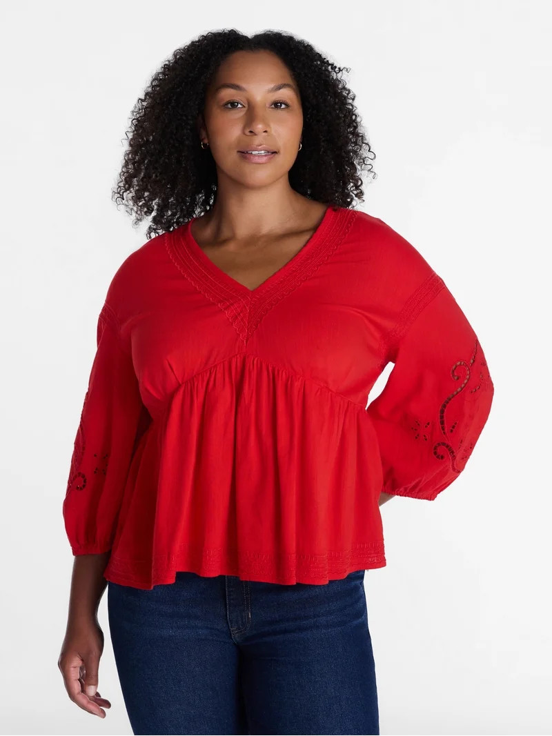 Time and Tru Women's Long Sleeve Poet Sleeve Broderie Anglaise Top, Sizes XS-XXXL | Walmart (US)