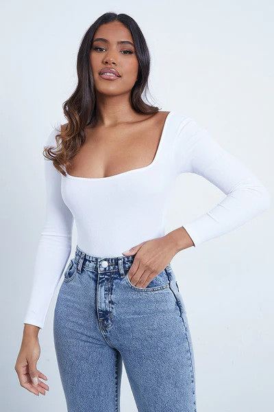 White Ribbed Square Neck Bodysuit | ISAWITFIRST UK