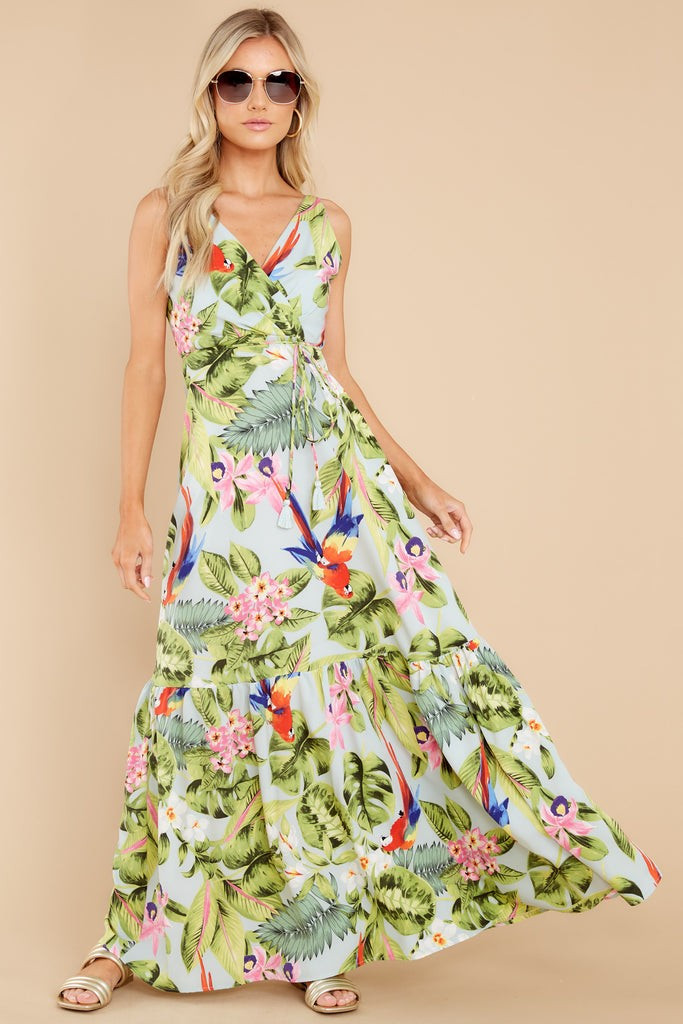 Exotic Getaway Sage Multi Tropical Print Maxi Dress | Red Dress 