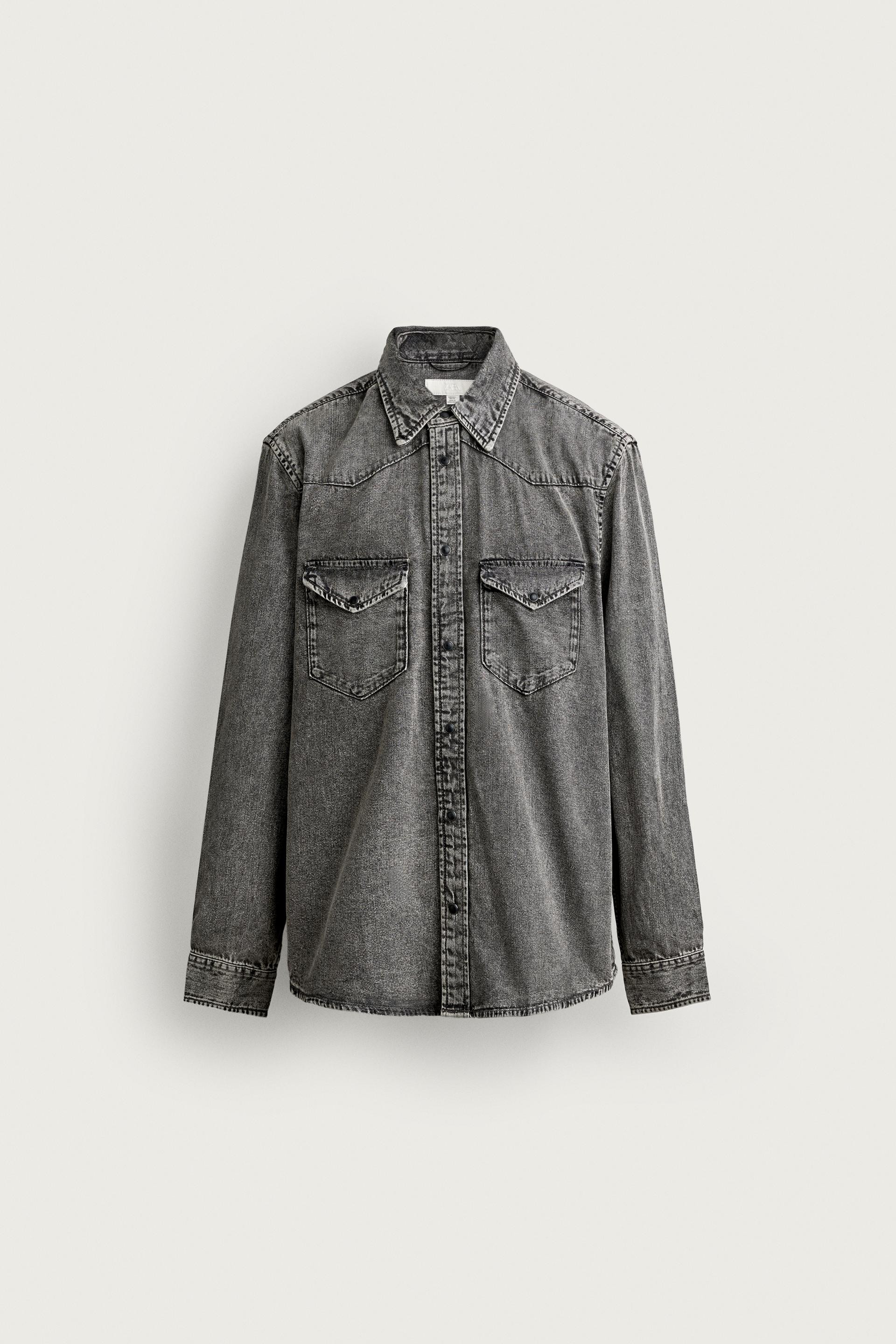 Zara - Regular Fit Denim Western Shirt - Mid-Blue - L - Man | Zara US