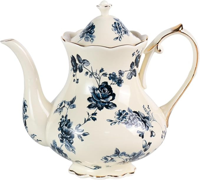 KAMMAK Teapot with Handle, Vintage Porcelain Tea Pot with Gold Trim, Blooming & Loose Leaf Teapot... | Amazon (US)