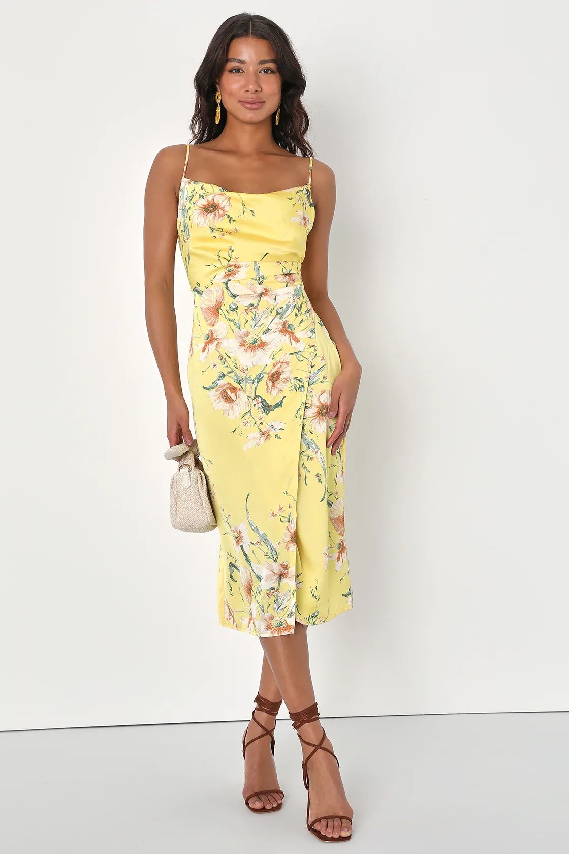 Sunny Blossom Yellow Satin Floral Print Cowl Neck Midi Dress | Lulus (US)