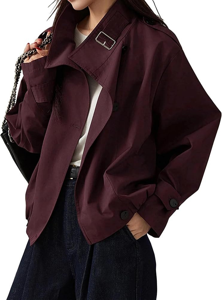 Megfie Jackets for Women Vintage Trench Coat Funnel Neck Cropped Jackets | Amazon (US)