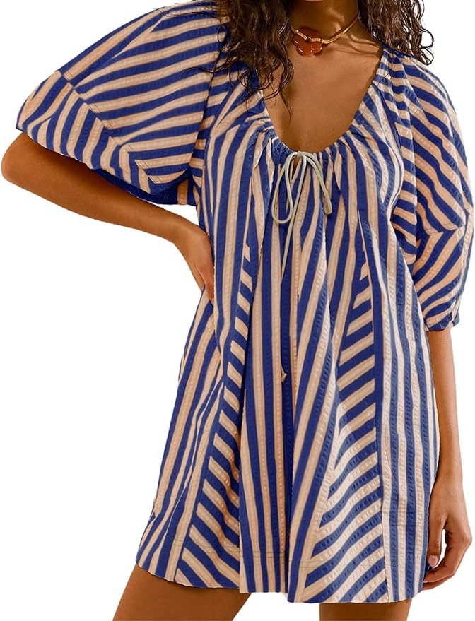 Athlisan Womens Oversized Striped Romper Casual Loose Puff Sleeve Wide Leg Jumpsuit Overall with ... | Amazon (US)