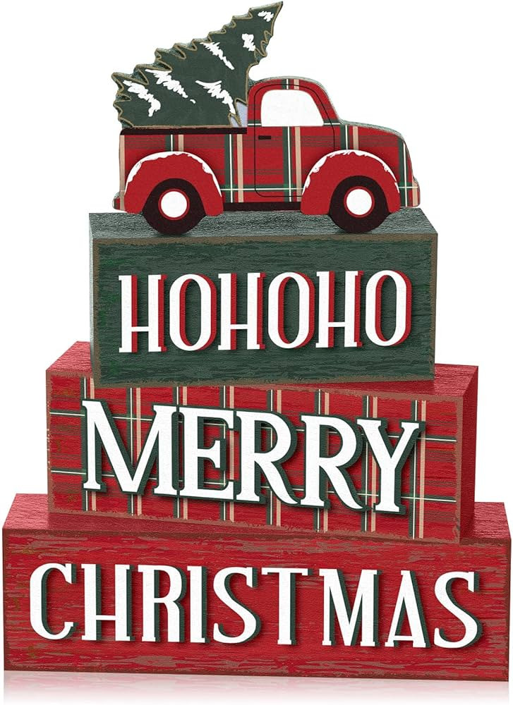 Yousoontic 4 Pcs Christmas Wooden Table Decorations Red Truck Rustic Block Signs Centerpiece Tier... | Amazon (US)