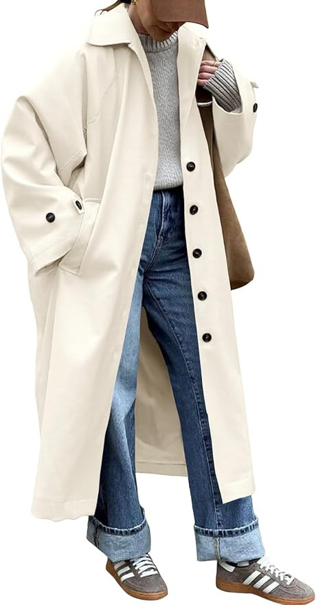 Tankaneo Womens Long Trench Coat Single Breasted Oversized Windproof Classic Lapel Fall Overcoat | Amazon (US)