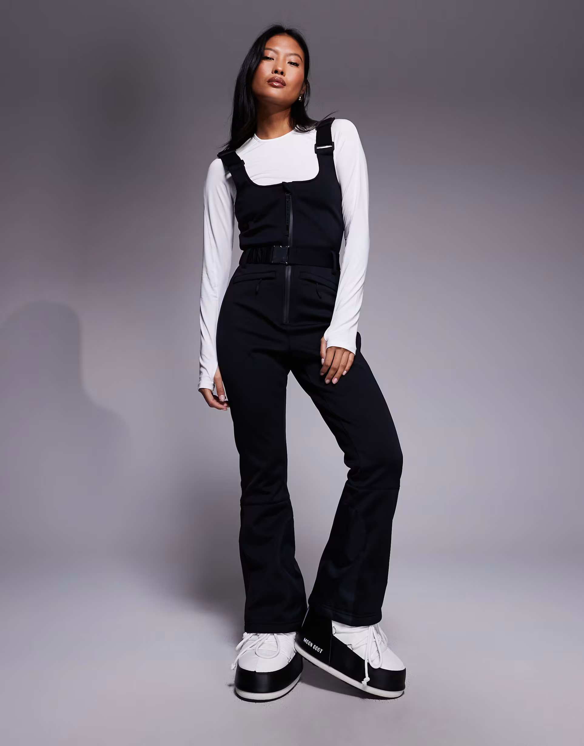 ASOS 4505 Ski Petite soft shell belted water repellent bib salopettes in black | ASOS (Global)