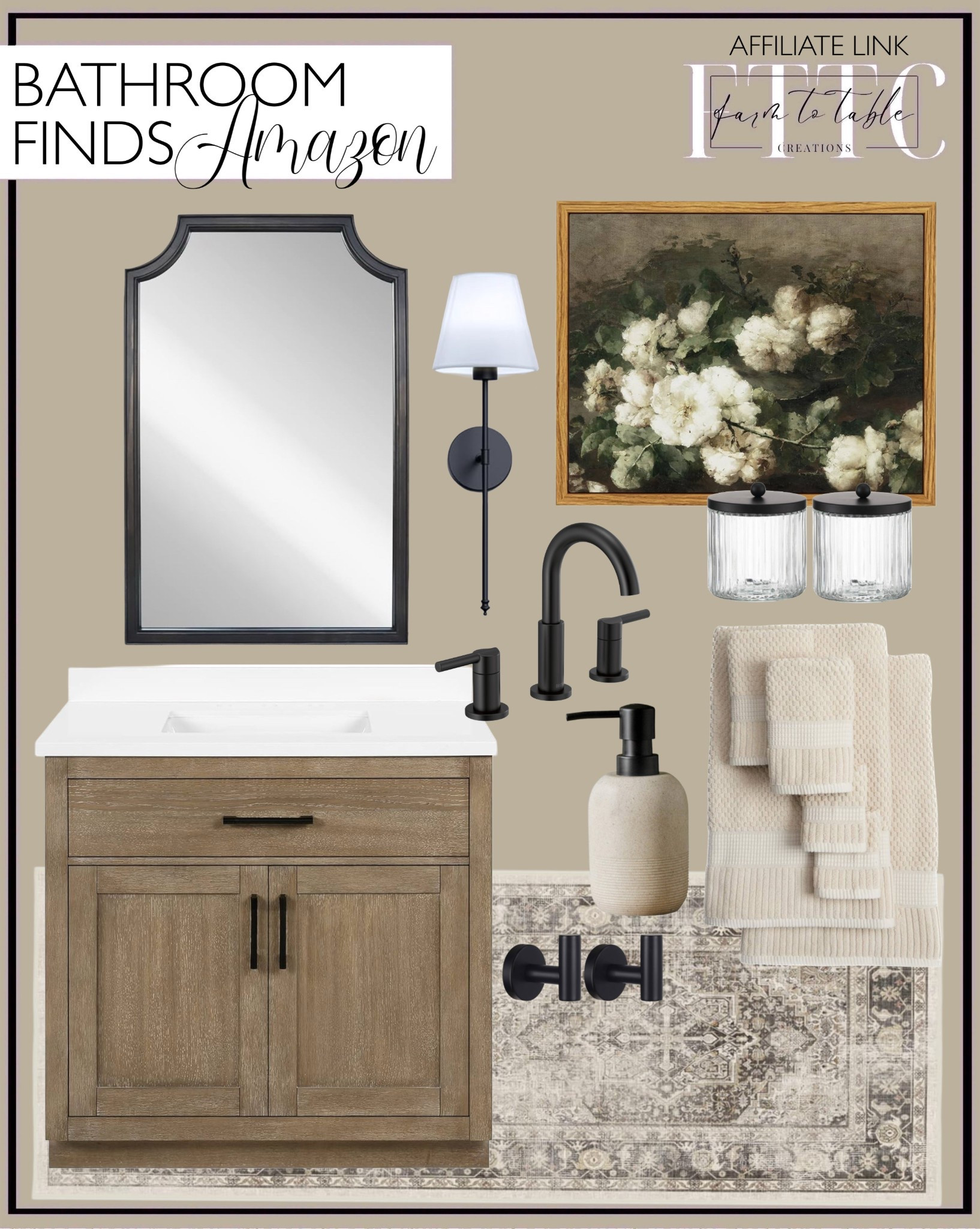 Amazon Bathroom Finds. Follow @farmtotablecreations on Instagram for more inspiration.

Cotton Bath Towel. Ruggable Washable Runner. Bathroom vanity in driftwood oak. Scalloped corners, arch rectangle wall mirror. Delta bathroom faucet.  Glass canisters with lids. Framed canvas wall art. Soap Dispenser. Battery operated wall sconces. Bathroom towel hooks.  

Amazon Big Spring Sale | Amazon Home |  Bathroom | Curated Entryway | Spring Decor | End of Year Clearance | Trending Decor | Viral Decor | Amazon Holiday | Bedroom corner | Coffee Table Decor | Neutral Decor | Fall Stem Sale | Target Finds | Skinny Bench | Bedroom | Living Room | Breakfast Nook | Amazon Home | Target Sale | Loloi Rugs | Magnolia Home | console table | console table styling | faux stems | entryway space | front porch decor | neutral decor | entryway decor | cozy home | affordable decor |  home decor | home inspiration | console styling | entryway rug | cozy moody home | moody home decor | neutral home | bathroom decor | living room


#LTKSaleAlert #LTKFindsUnder50 #LTKHome