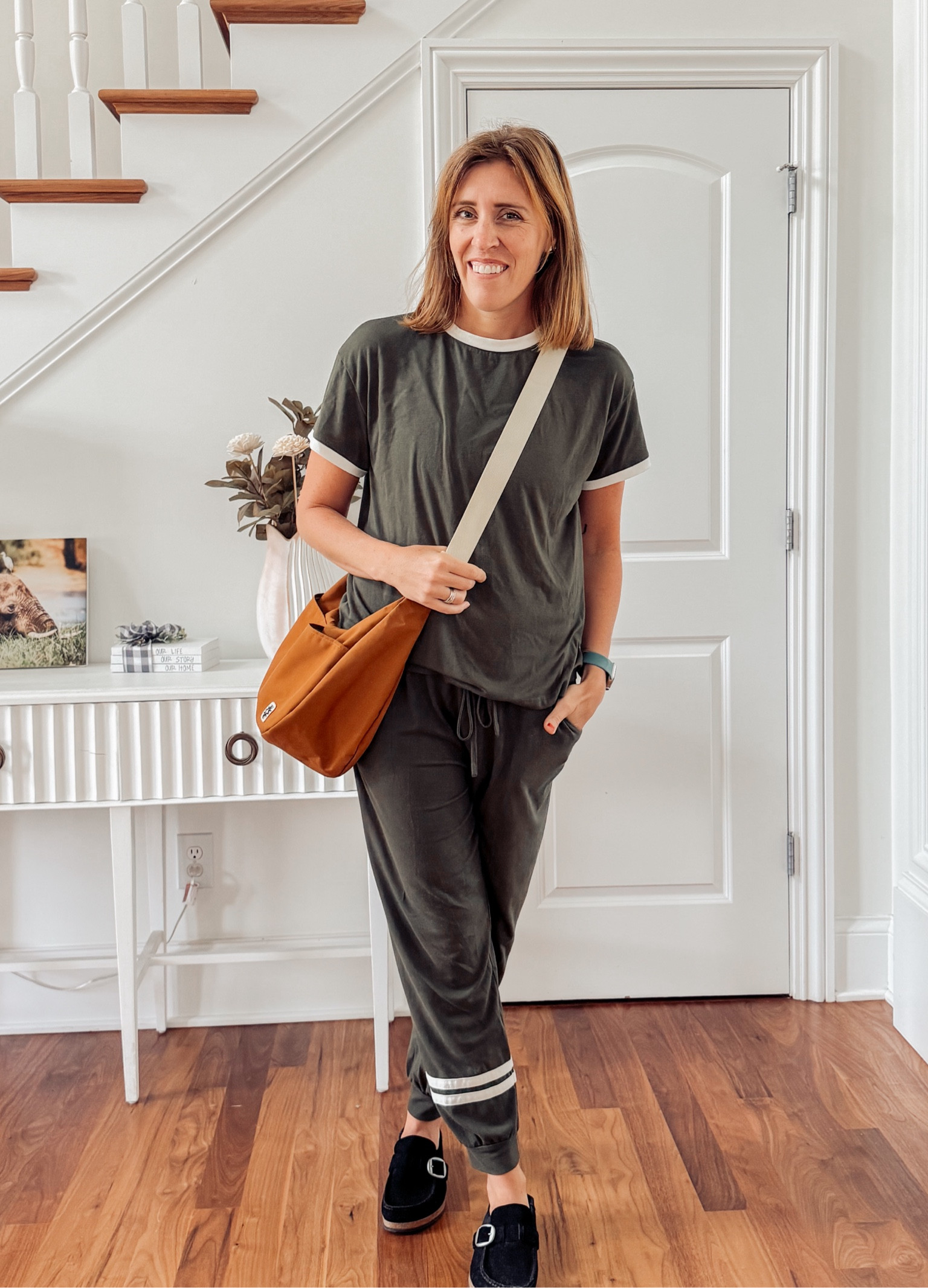 Travel outfit number two. 

This crossbody bag is so big and roomy. Use code Erin15 to get 15% off anything at the Walker Family Goods shop!