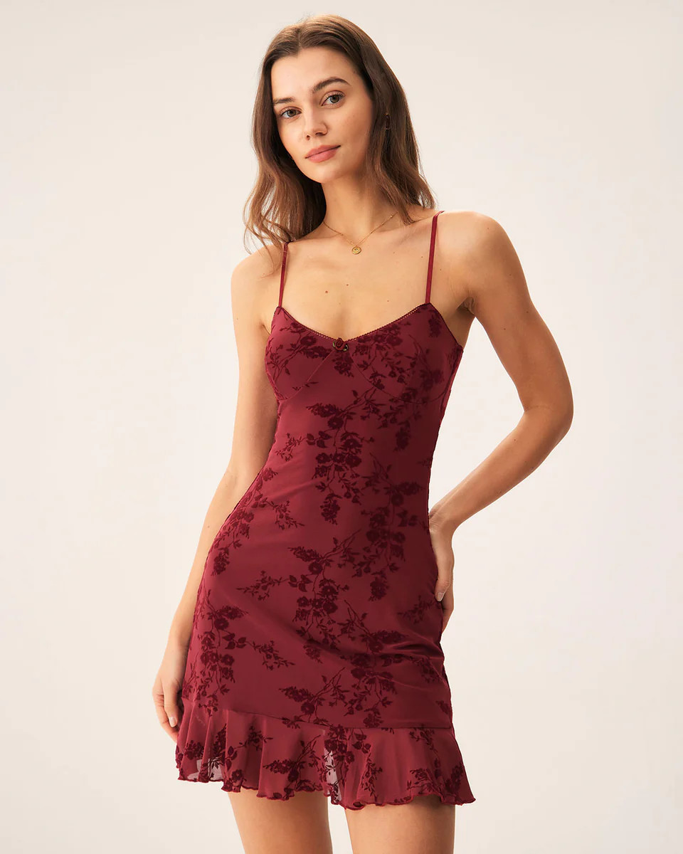Red Floral Mesh Slip Mini Dress | rihoas.com