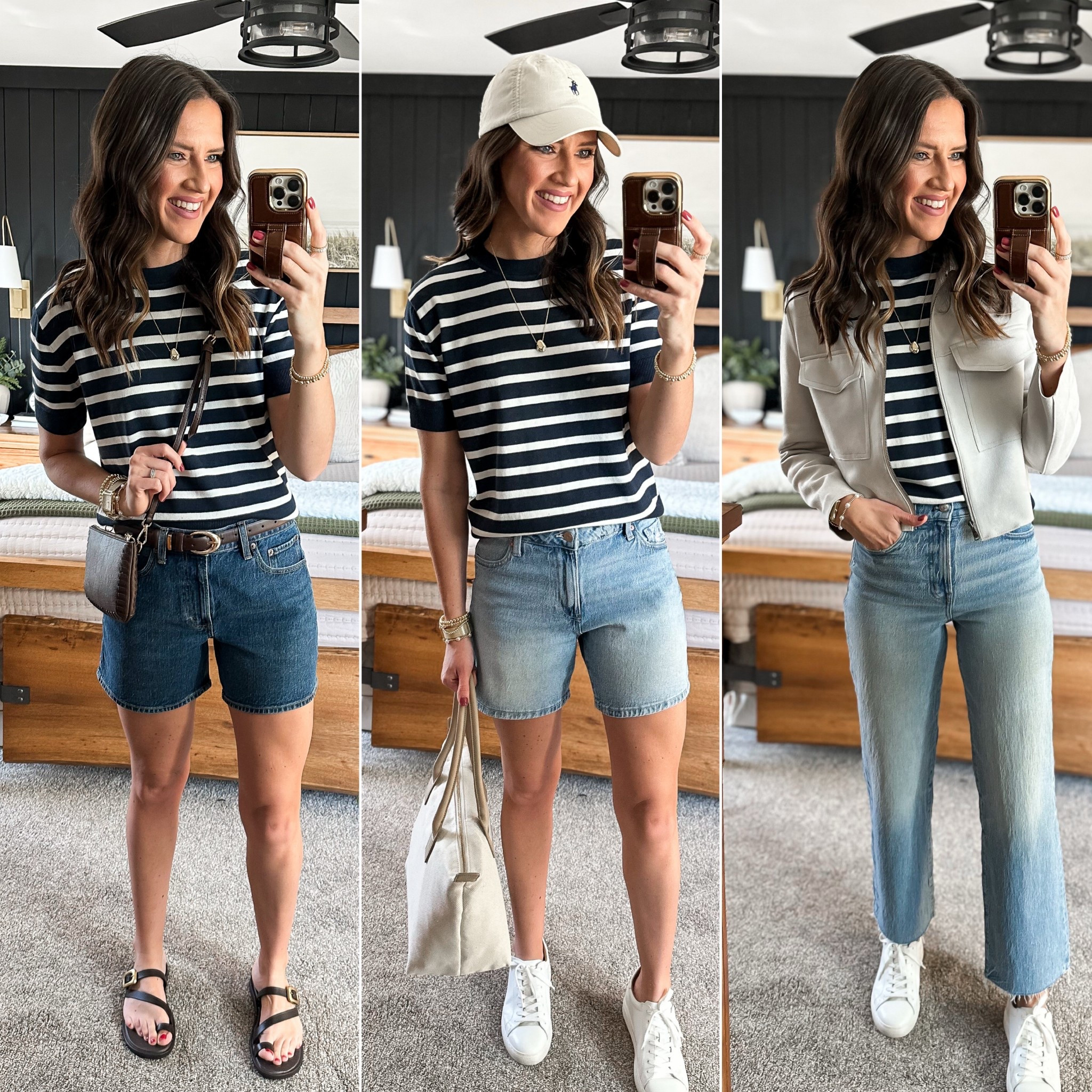 Spring Capsule Wardrobe - Navy Stripe Short Sleeve Sweater 

Navy sweater - small
Dark wash shorts - size 27 
Light wash shorts - size 4 
Jeans - sized down to 25 tall
Jacket - small
The hat is Ralph Lauren and I can’t link them in LTK 

#LTKFindsUnder50 #LTKStyleTip #LTKFindsUnder100