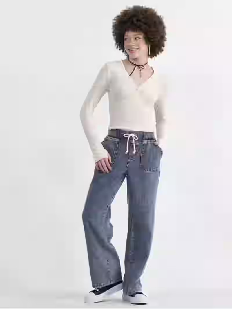 No Boundaries Rib-Waist Wide-Leg Drawstring Pants, 30.5” Inseam, Women's and Women's Plus | Walmart (US)