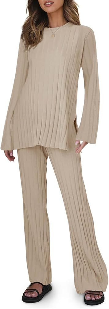 Tankaneo Womens Ribbed Knit Lounge Sets 2 Piece Outfit Long Sleeve Top and Pant Sets Casual Pajam... | Amazon (US)