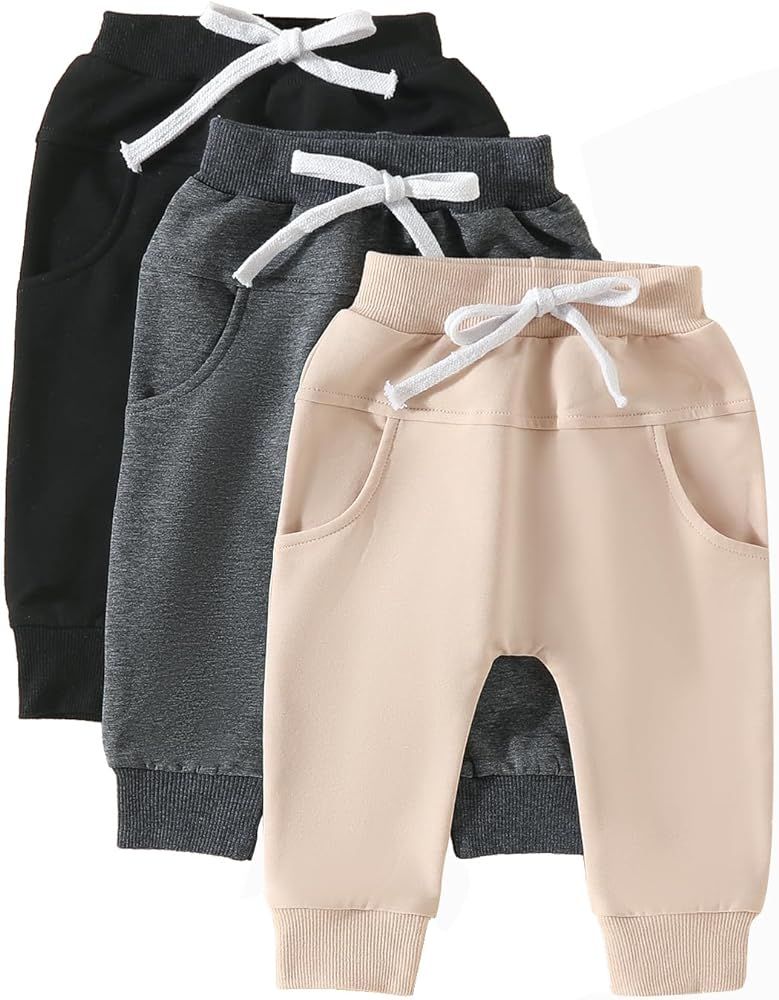 BHMAWSRT Newborn Baby Boy Pants 3-Pack Toddler Joggers Solid Color Soft Boys Bottoms Sweatpants w... | Amazon (US)