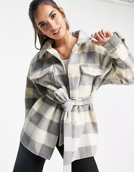 Miss Selfridge tie waist shacket in grey check | ASOS (Global)