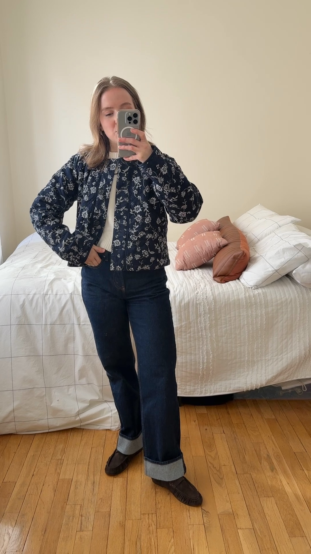 Comfy cotton winter outfit
Xs white sweater
Xs cotton quilted jacket on sale
25 short cuffed jeans. 
7 suede loafers

#LTKSaleAlert #LTKPetite