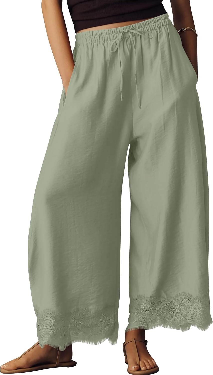 Womens Lace Trim Wide Leg Pants 2026 Summer Cropped Lace-Hem Pants Casual Outfits with Pockets | Amazon (US)