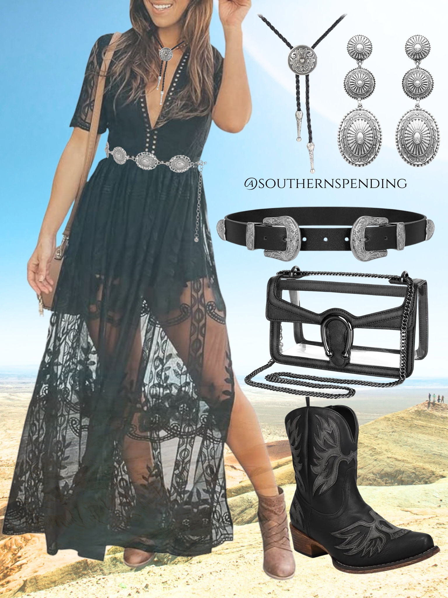 Country concert outfit idea. Boho vibes with lace romper maxi, ankle cowboy boots, and accessories with silver vintage accents.

Dress is a romper (shorts) attached with sheer lace overlay. Sizes Small - XXL.


#LTKFestival #LTKParties #LTKStyleTip