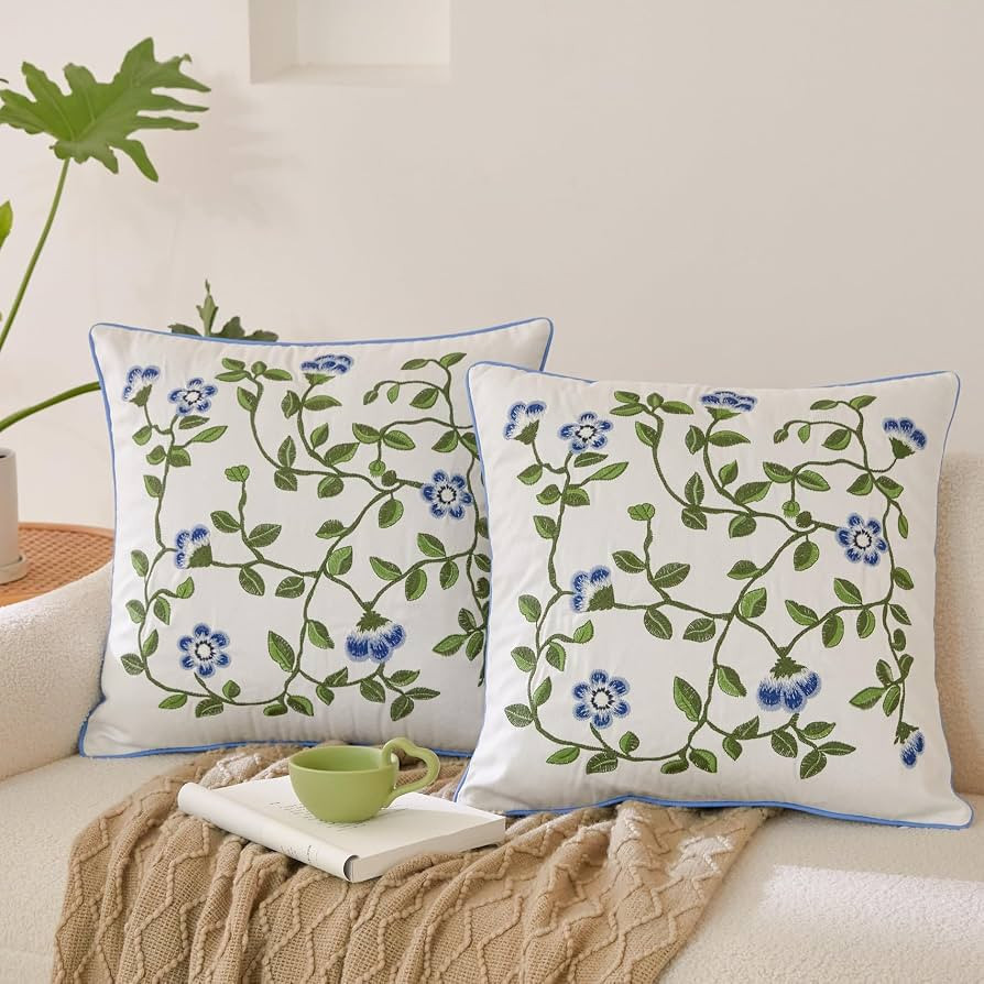 Embroidered Florals Throw Pillow Covers 18x18 Set of 2 Blue and Green Vine Decorative Cushion Cov... | Amazon (US)