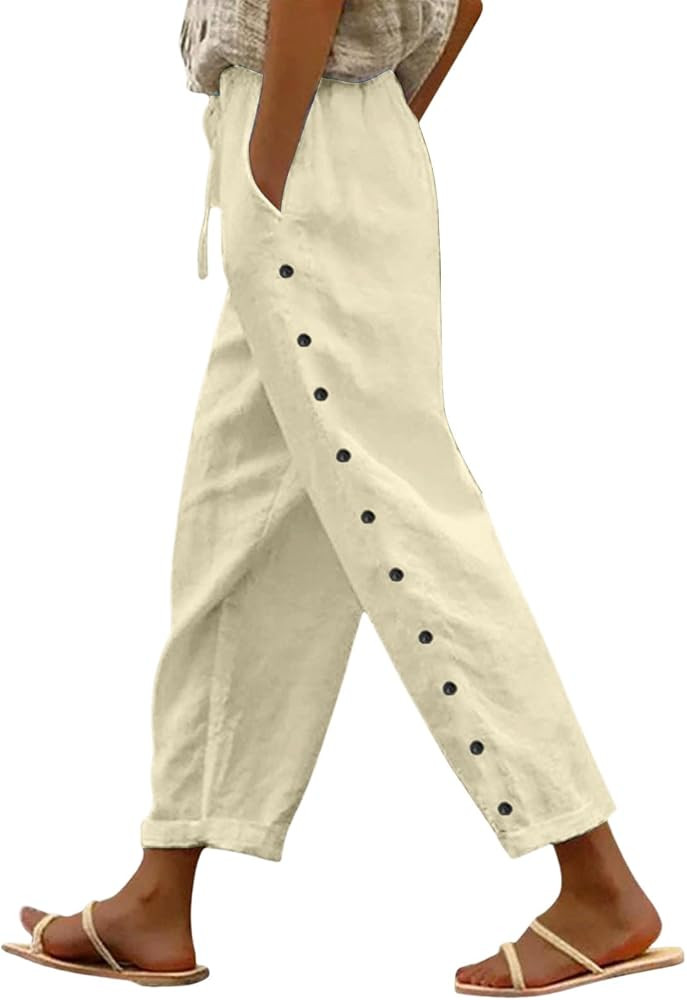 Women\u2019s High Waisted Wide Leg Linen Cotton Pants Casual Summer Beach Pockets Drawstring Eleg... | Amazon (US)
