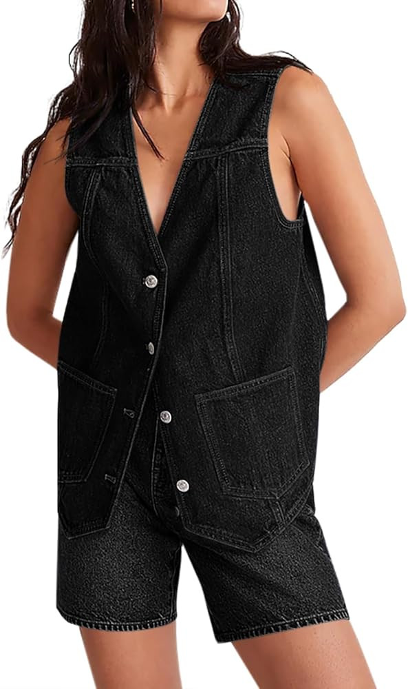 Tankaneo Denim Vest for Women Casual V Neck Button Down Sleeveless Jean Jacket | Amazon (US)