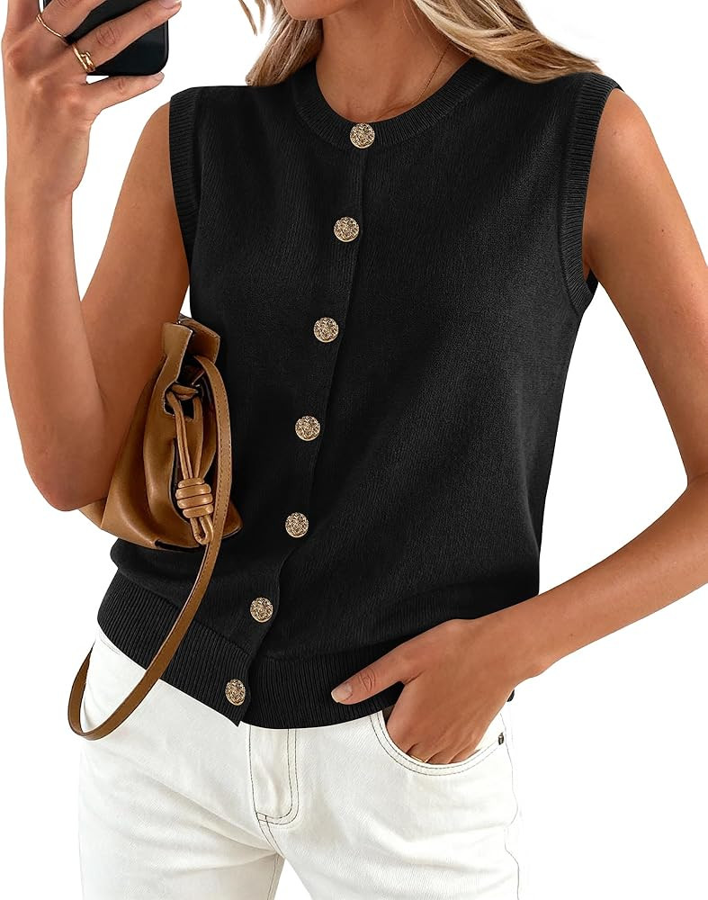 BTFBM Sweater Vest Women Casual Crewneck Button Down Knit Sleeveless Cardigan 2026 Spring Clothes... | Amazon (US)