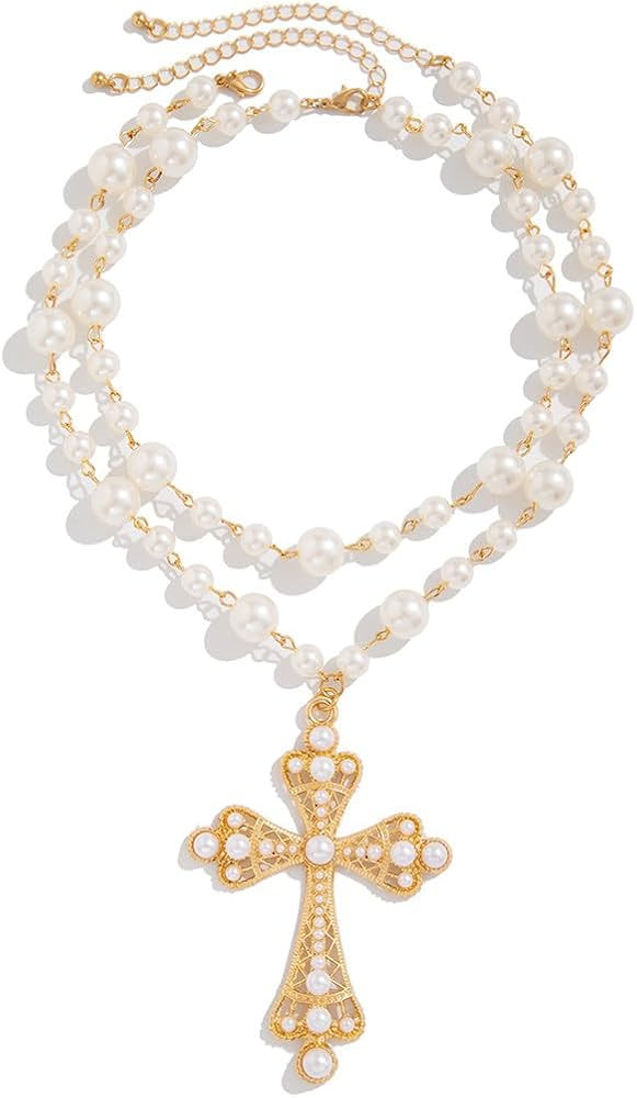 Gothic Cross Necklace for Women Exaggerate Big Pearl Beaded Cross Statement Necklaces Sparkling C... | Amazon (US)