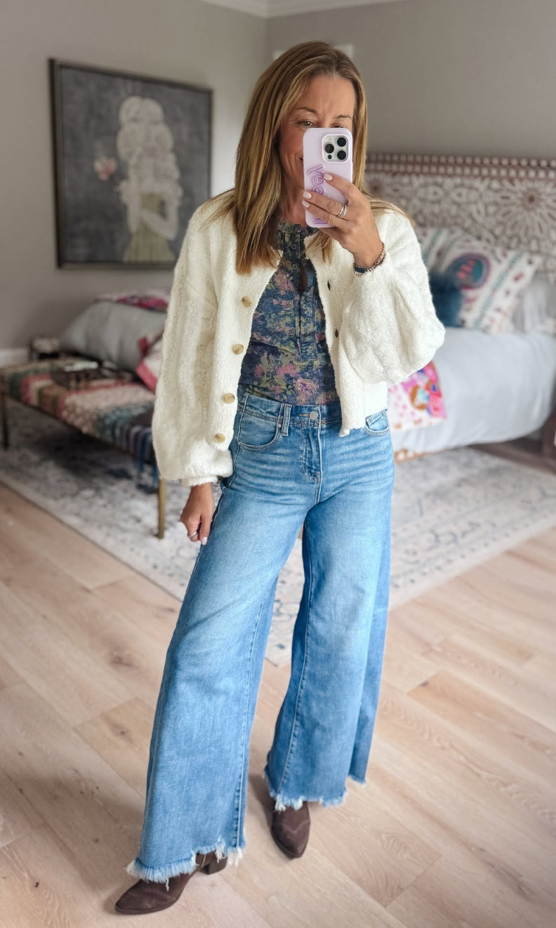 Yes it's still summer but slowly some early fall looks are creeping in! Loving these wide leg jeans and chunky cardigan look!! 

 #LTKgrwm #LTKootd #LTKmomlife