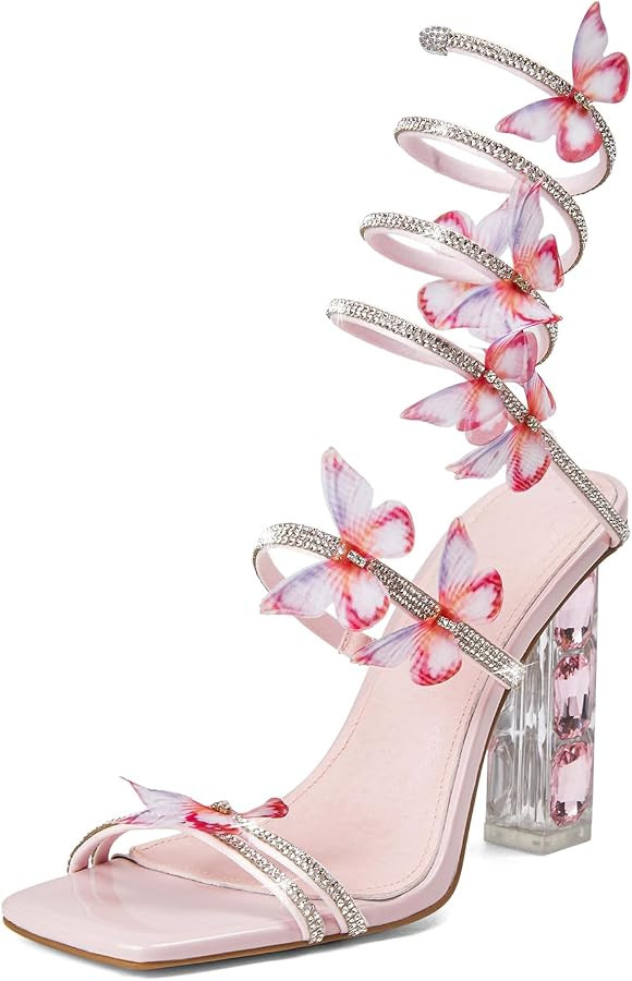 Strappy Heels Square Toe Rhinestone Butterfly Prom Dressy Sandals | Amazon (US)