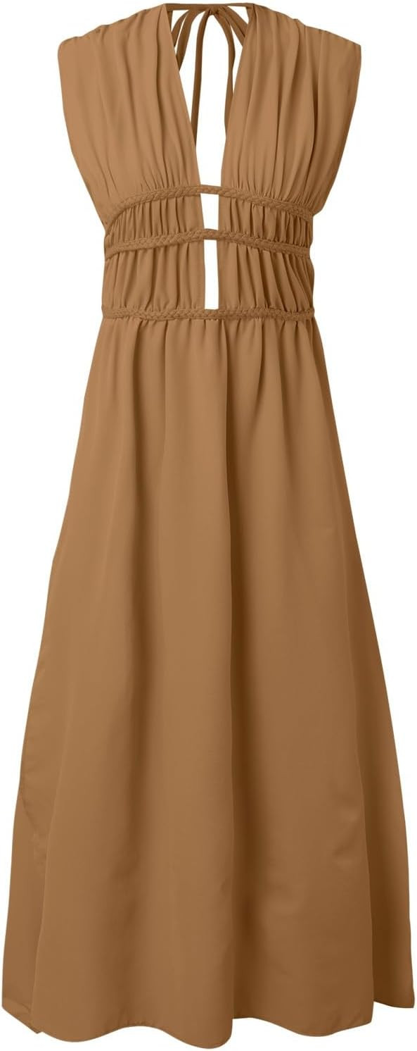 Women's Summer Boho Linen Sleeveless Belt Hollow Slits Dress Solid Color Boho Dresses Swing Maxi ... | Amazon (US)