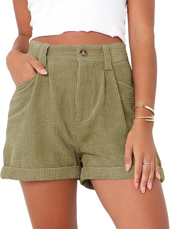 Danedvi Womens Summer Shorts Mid-Waist Cuffed Hem Corduroy Shorts with Pockets | Amazon (US)