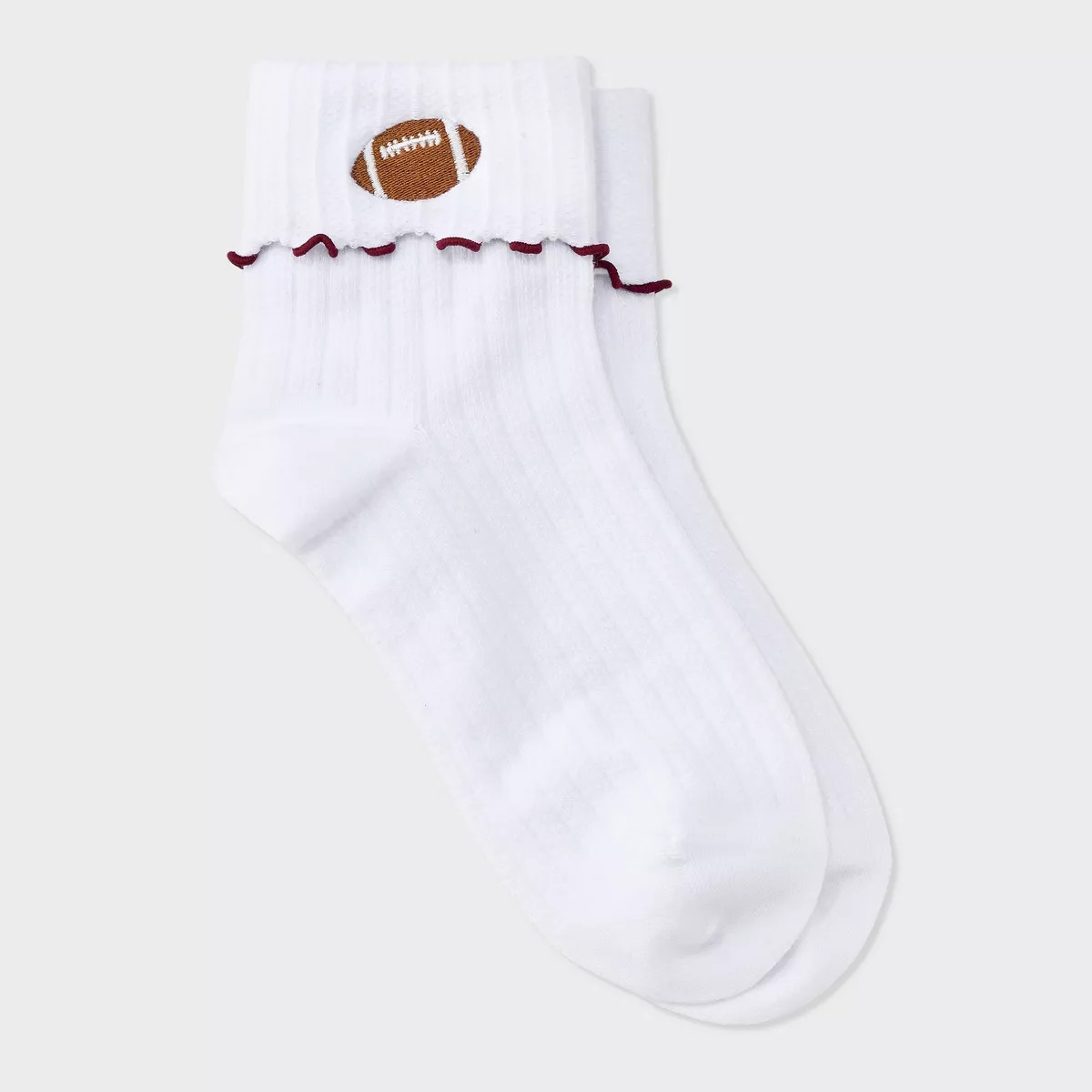 Women's Game Day Embroidered Football Pointelle Bobby Socks with Lettuce Edge Cuff - Wild Fable... | Target