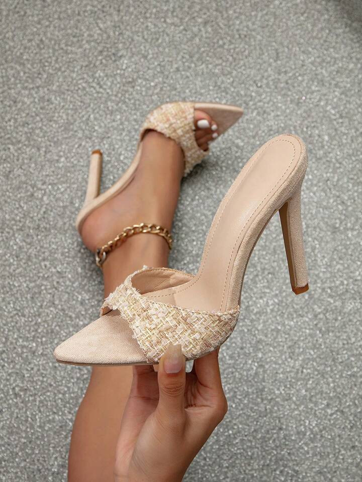 Fashionable Mule Sandals For Women, Tweed Single Band Stiletto Heeled Sandals | SHEIN