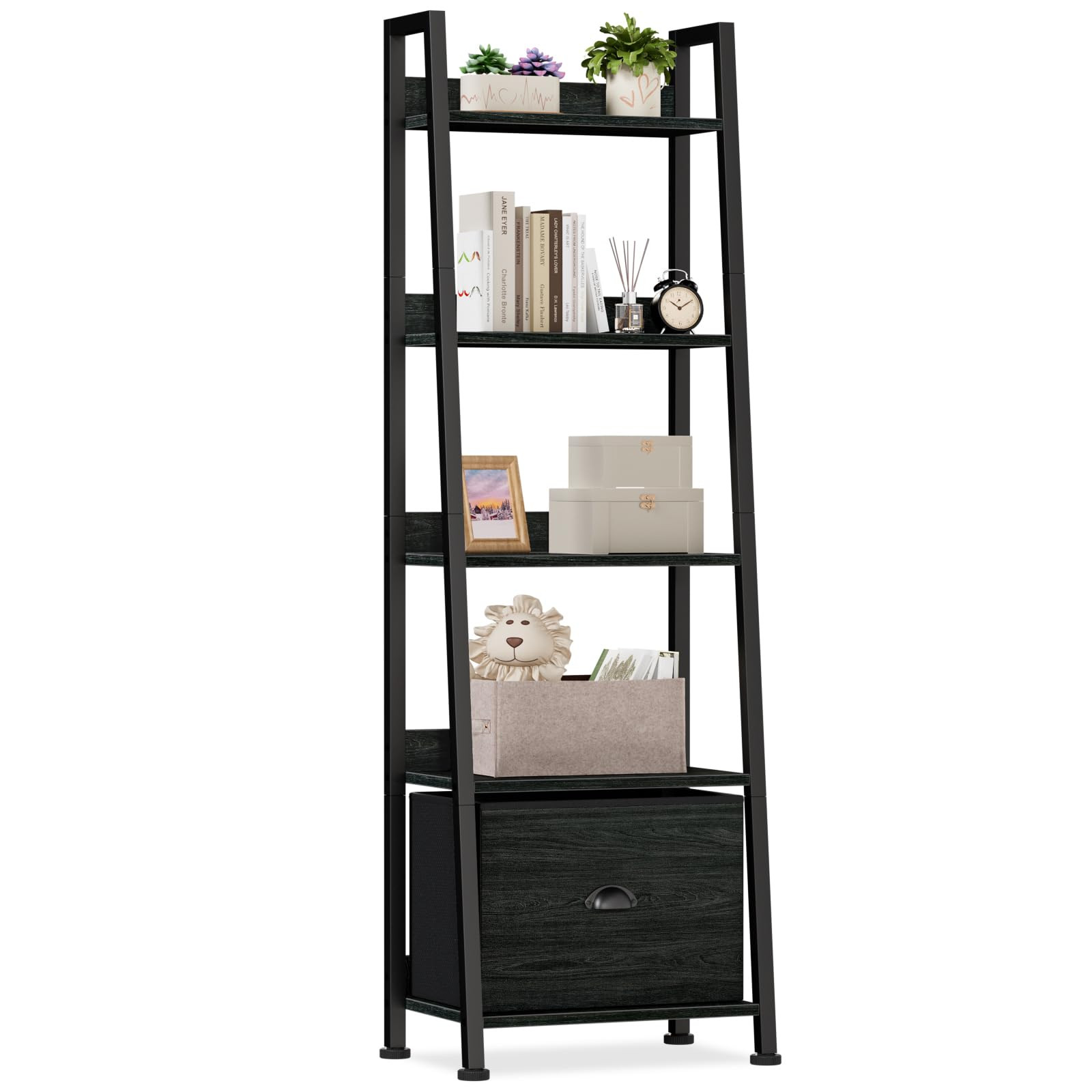 Furologee 5-Tier Ladder Shelf, Narrow Ladder Bookshelf with Drawer, 55.6”Tall Industrial Bookca... | Amazon (US)