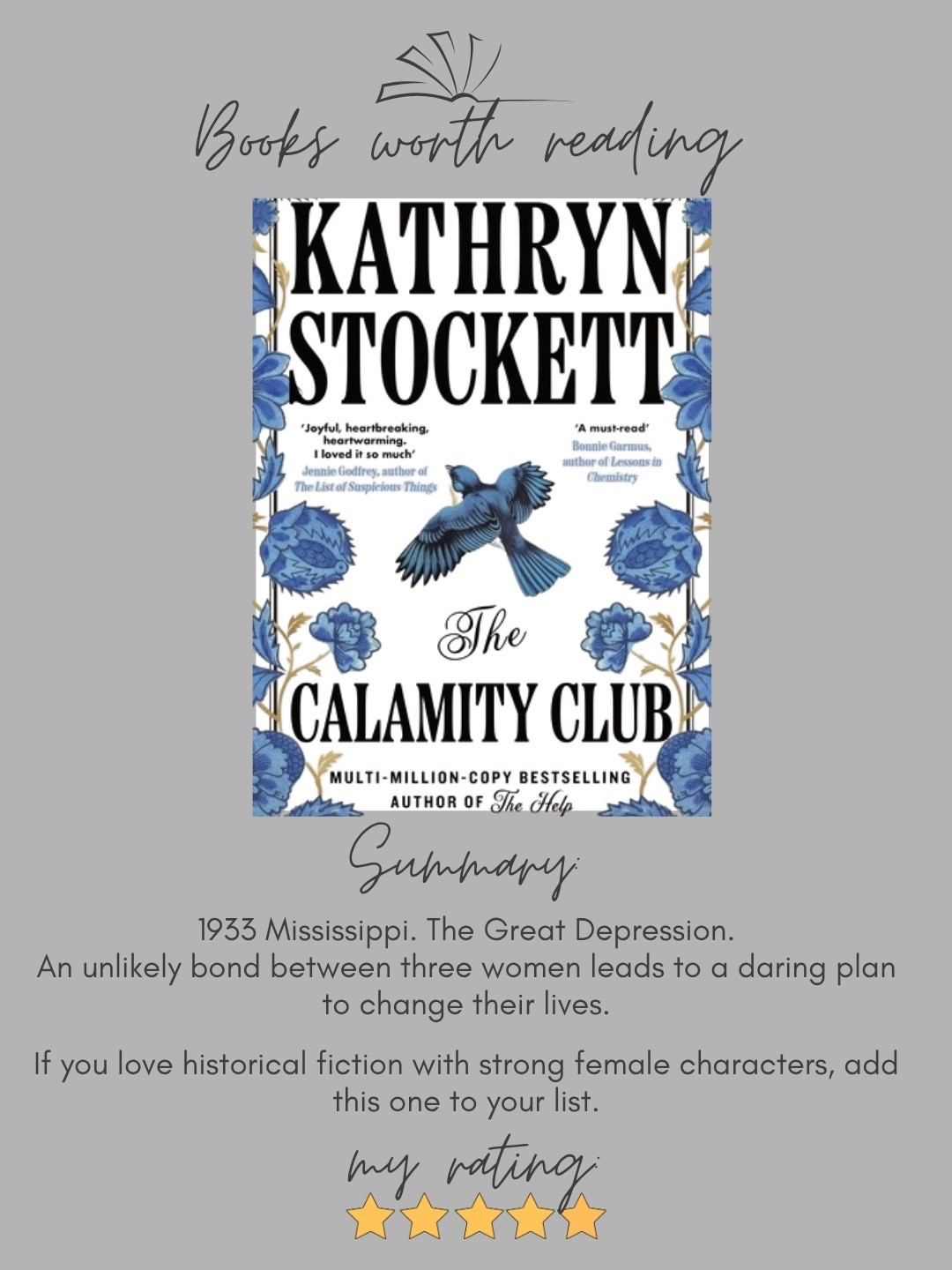 📚 5 STARS ⭐️⭐️⭐️⭐️⭐️

Set in 1933 Mississippi during the Great Depression, this story follows 11-year-old orphan Meg, independent Birdie, and Meg’s struggling mother Charlie. When their lives collide, the three women form an unexpected bond and come together to take control of their futures.

I loved the strong female characters, unlikely friendships, and the way the story explores resilience, survival, and the choices women make when the odds are stacked against them.

Definitely one I’d recommend if you enjoy historical fiction with heart, strong women, and a story that pulls you in.

Book Recommendation, Book Review, Historical Fiction, Book lover

#LTKstorytime