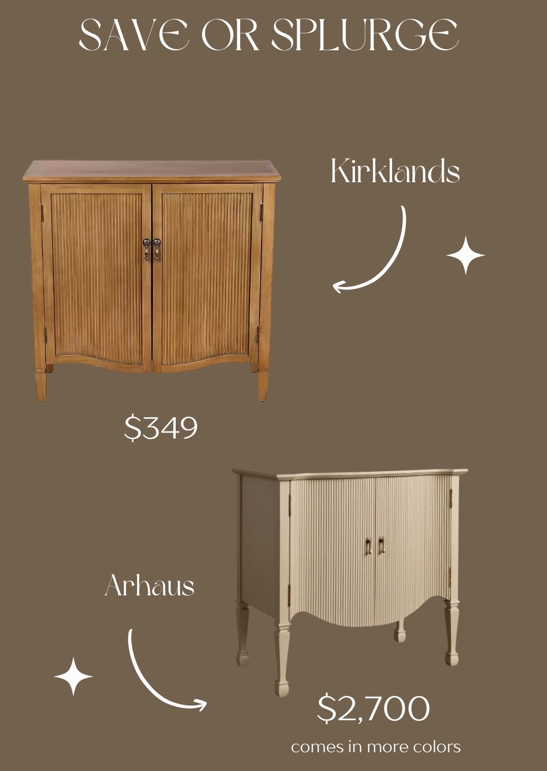 Save or splurge?  | arhaus dupe | Kirklands furniture | hall chest | sideboard | console table | wood table | home decor | furniture | fluted wood | vintage furniture | budget friendly furniture | home design | interior design 

#LTKSaleAlert #LTKMothersDay #LTKHome