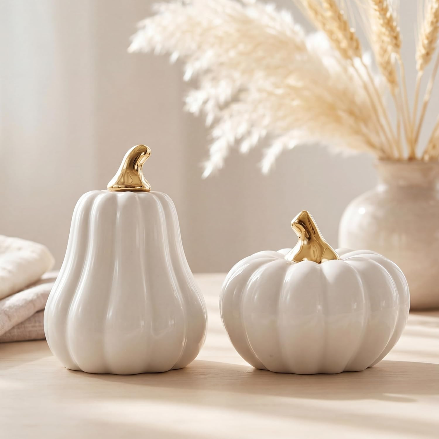Qinyoung 2 Pcs Ceramic Pumpkins for Home Decor Thanksgiving Artificial Pumpkins Figurines Tall and Short Modern Minimalist Fall Decor for Autumn Party, Shelf, Table, Rustic Wedding (White) | Amazon (US)