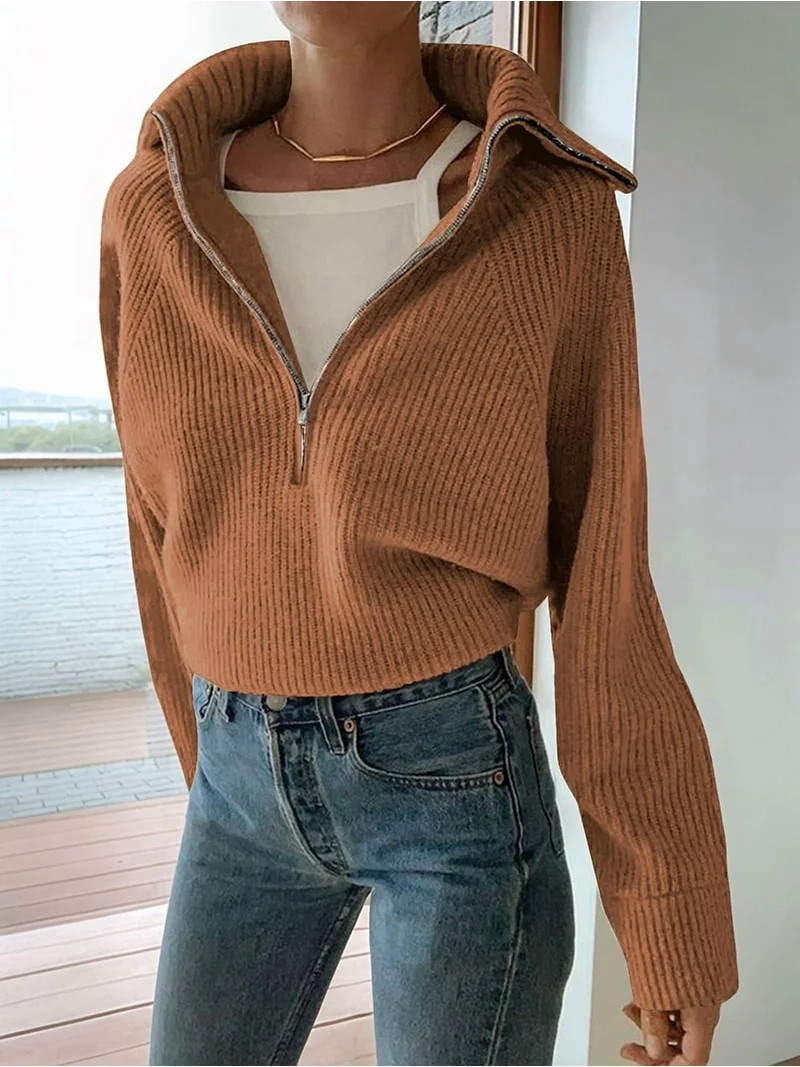 Womens Quarter Zip Pullover V Neck Collar Long Sleeve Ribbed Knit Loose Casual Winter Fall Sweate... | Walmart (US)