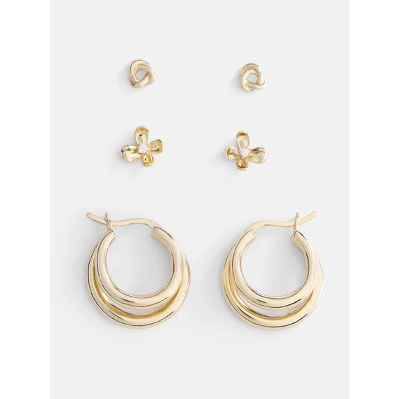 Free Assembly Women's Demi Fine 14K Gold Plated Hoop and Stud Earring Set, 3-Pairs | Walmart (US)