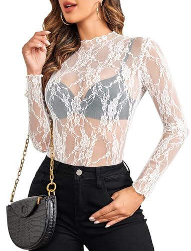 Avidlove Mesh Tops for Women Long Sleeve Mock Neck Sheer Tops See Through Tee Shirt Blouse White Medium | Amazon (US)