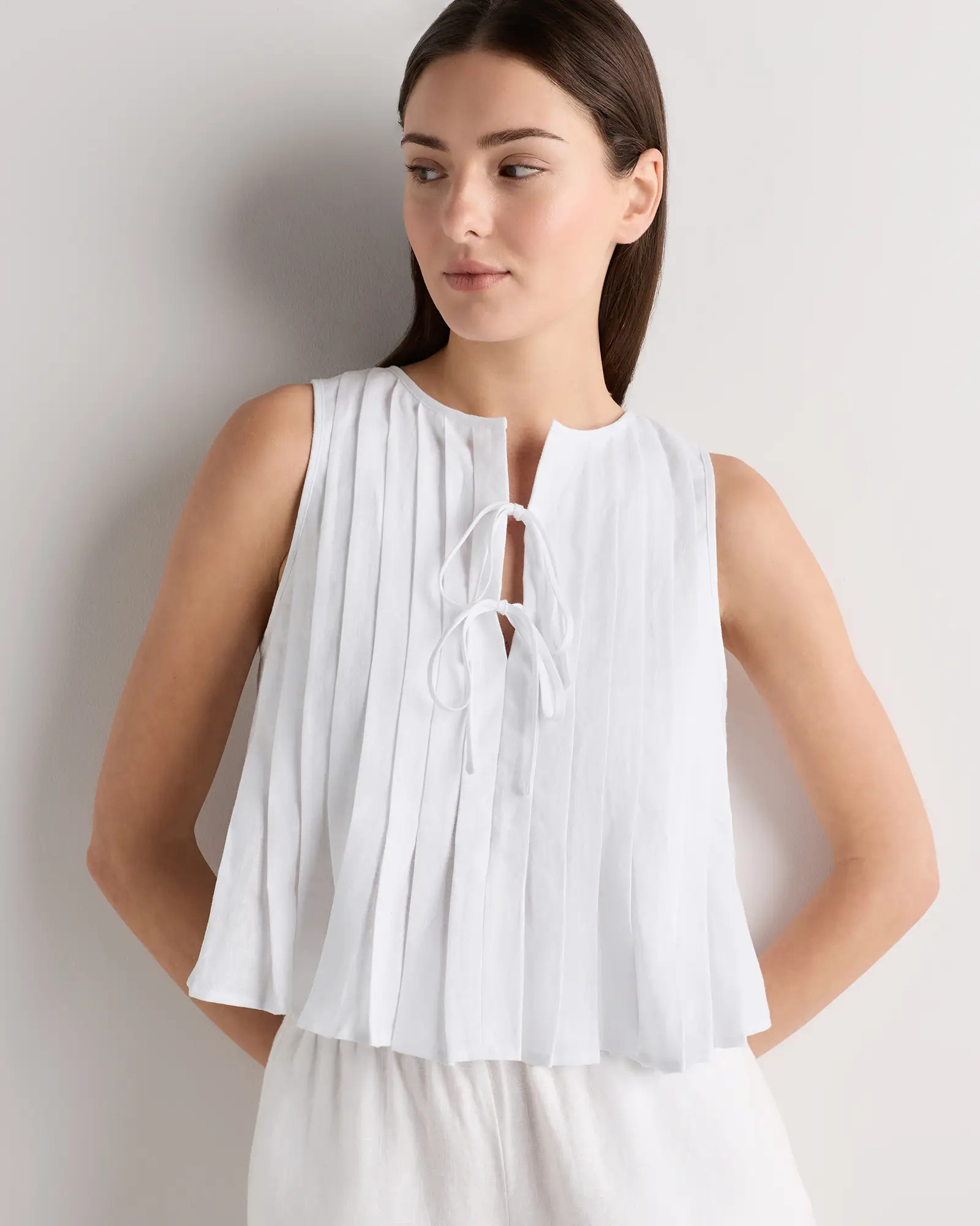 100% European Linen Pleated Tank in White | Quince
