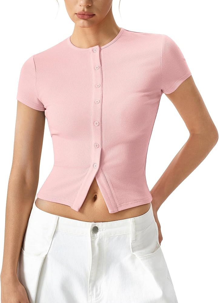 QINSEN Women's Crewneck Short Sleeve T Shirts Ribbed Button Going Out Trendy Tops | Amazon (US)