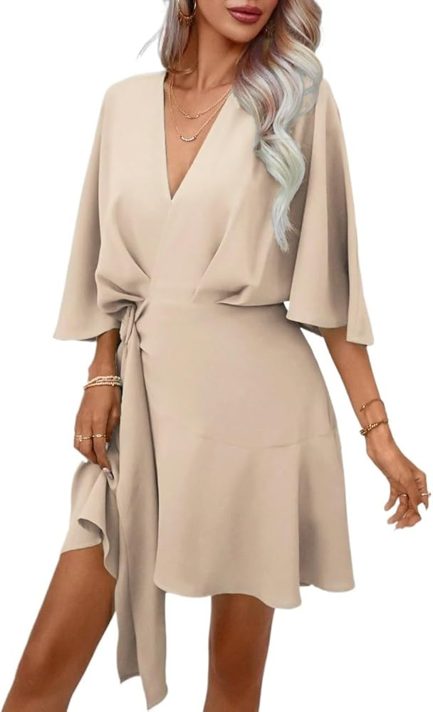 Summer Beach Dress Batwing Sleeve Ruffle Hem Wrap Knot Side Dress High Waist for Women's | Amazon (US)