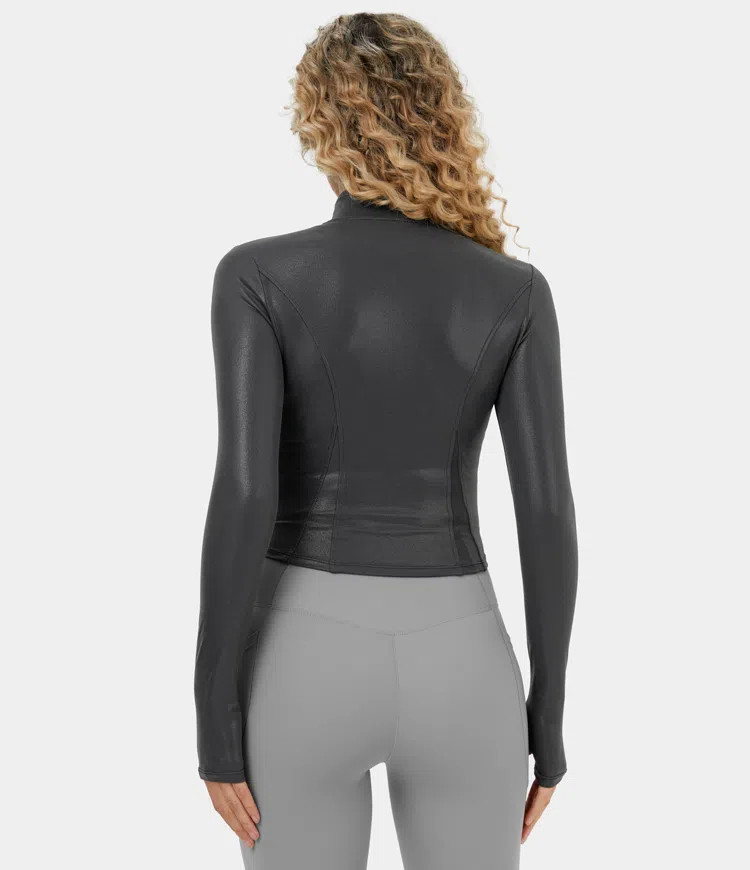 Women's Cloudful® Shine Mock Neck Full Zip Thumb Hole Foil Print Stretchy Casual Jacket - HALARA | HALARA