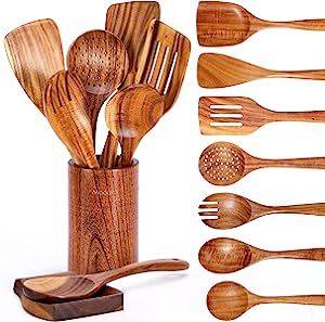 Amazon.com: 9 PCS Wooden Spoons for Cooking, Wooden Utensils for Cooking with Utensils Holder, Na... | Amazon (US)