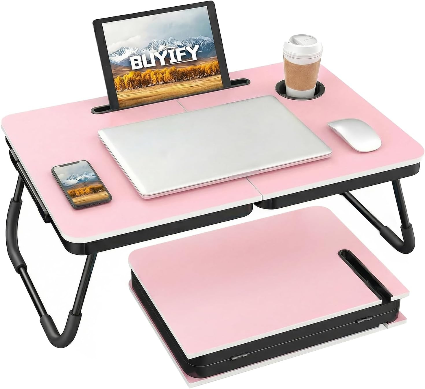 BUYIFY 23.4" Foldable Lap Desk Bed Table with Cup Holder Portable Tray | Amazon (US)